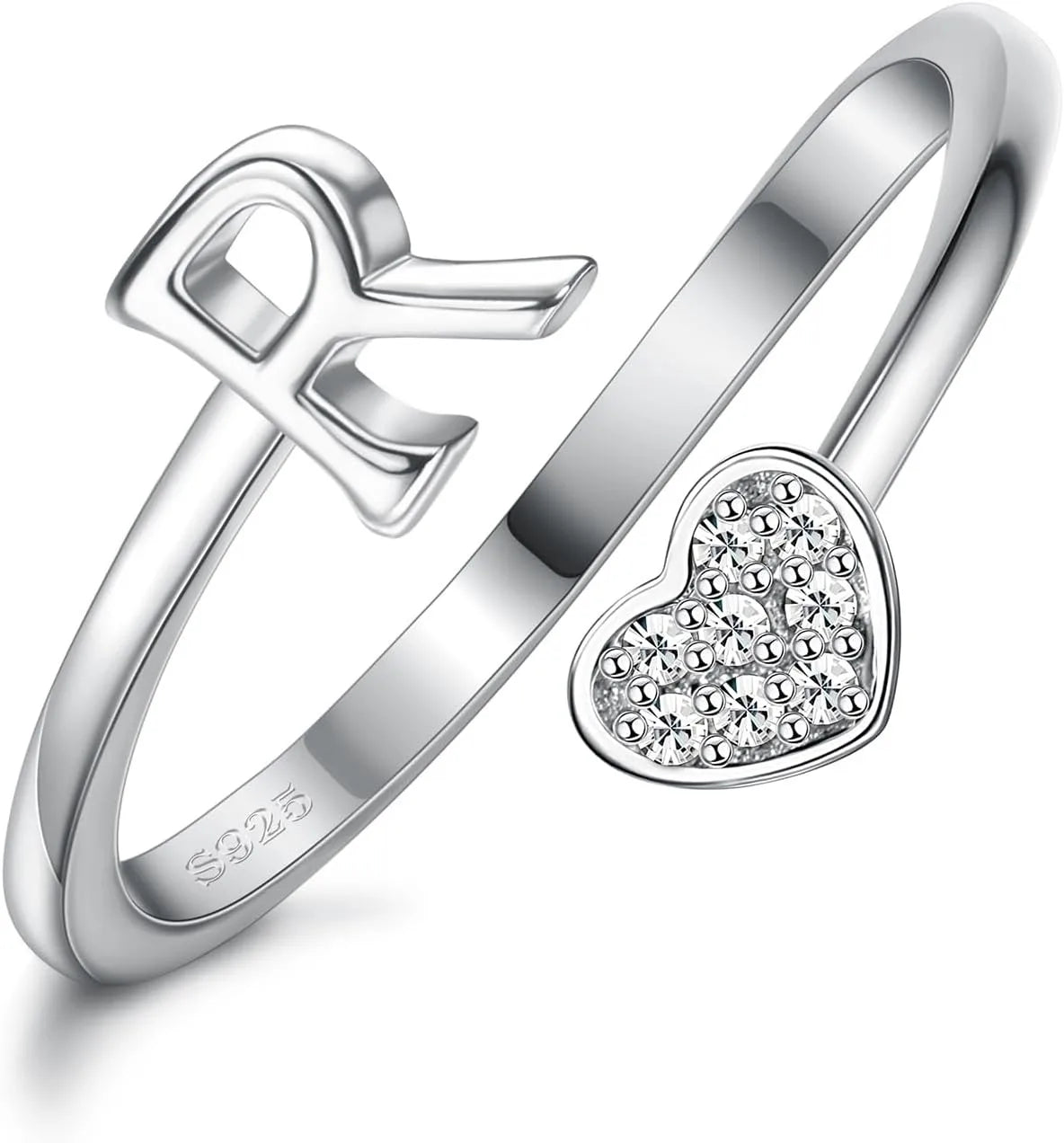 Fansilver Initial Rings 925 Sterling Silver Heart Initial Stackable Adjustable Ring Cute Heart Alphabet Rings Gift for Her