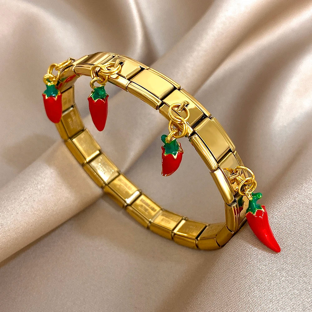 New Stainless Steel Strawberry Pepper Cherry Pendant Elastic Bangles Bracelets Fashion Women's Men Adjustable Waterproof Jewelry