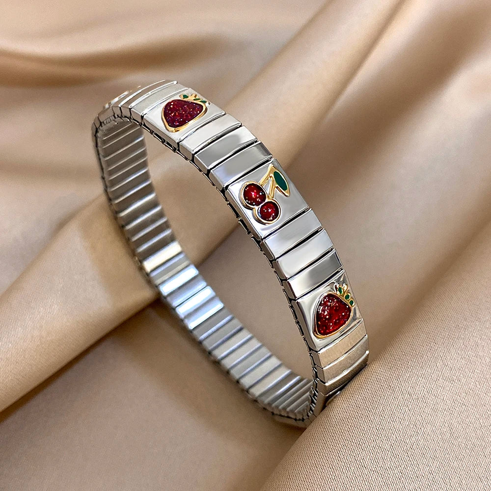 New Stainless Steel Strawberry Pepper Cherry Pendant Elastic Bangles Bracelets Fashion Women's Men Adjustable Waterproof Jewelry