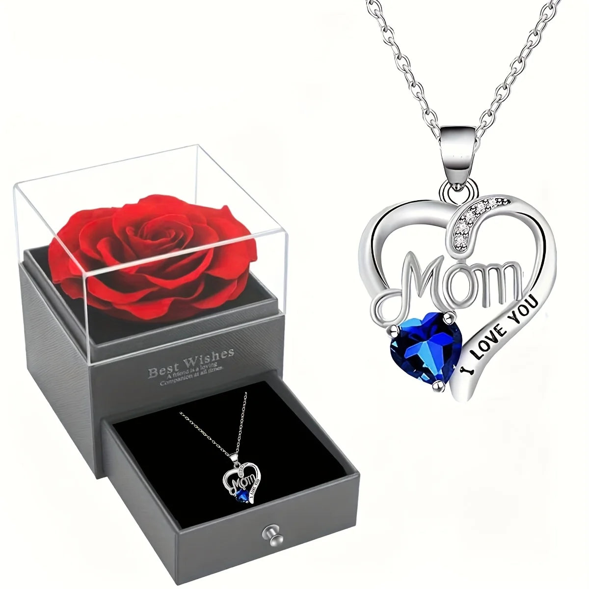 Red rose high-end jewelry gift box, MOM pendant necklace, suitable for Mother's Day, Thanksgiving, Christmas, Valentine's Day