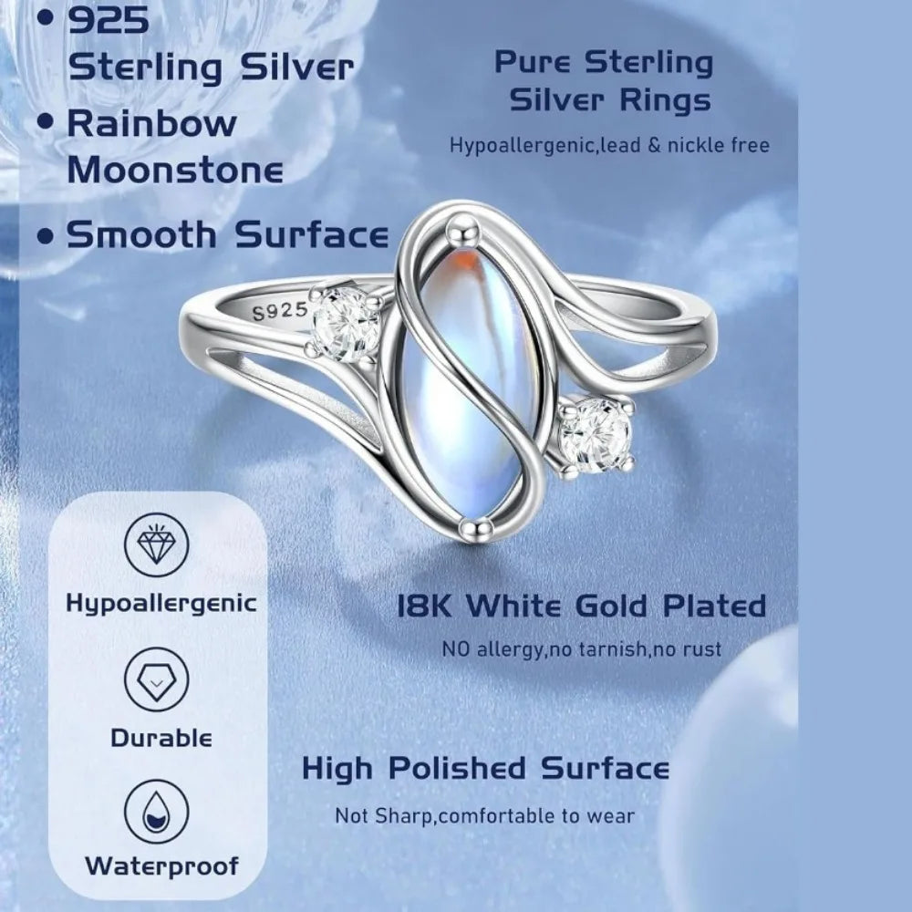 Fansilver 925 Sterling Silver Minimalist Oval Moonstone Ring for Women Engagement Female Ring Wedding Band 925 Jewelry Gift