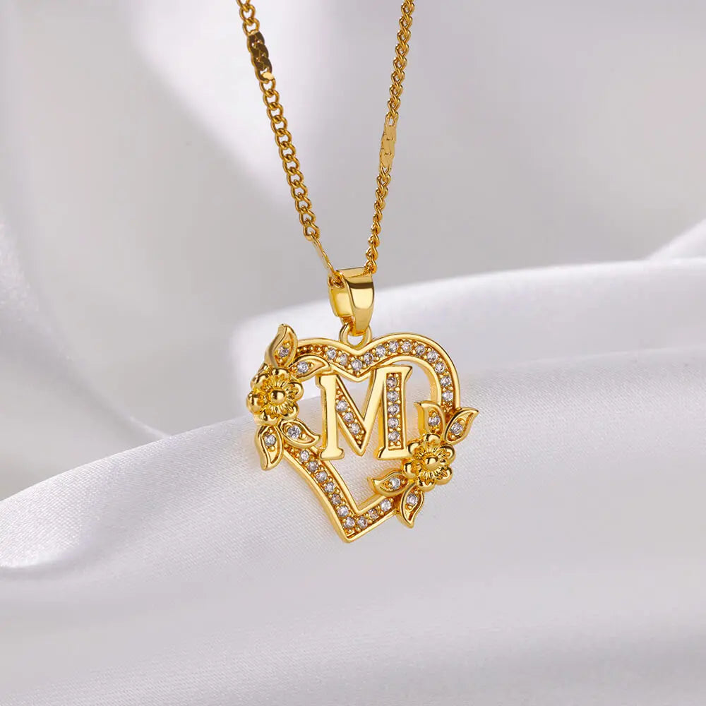 Zircon Flower Heart Initials Letter Necklaces For Women Stainless Steel Heart Gold Color Letter Necklace Chain Wedding Jewelry