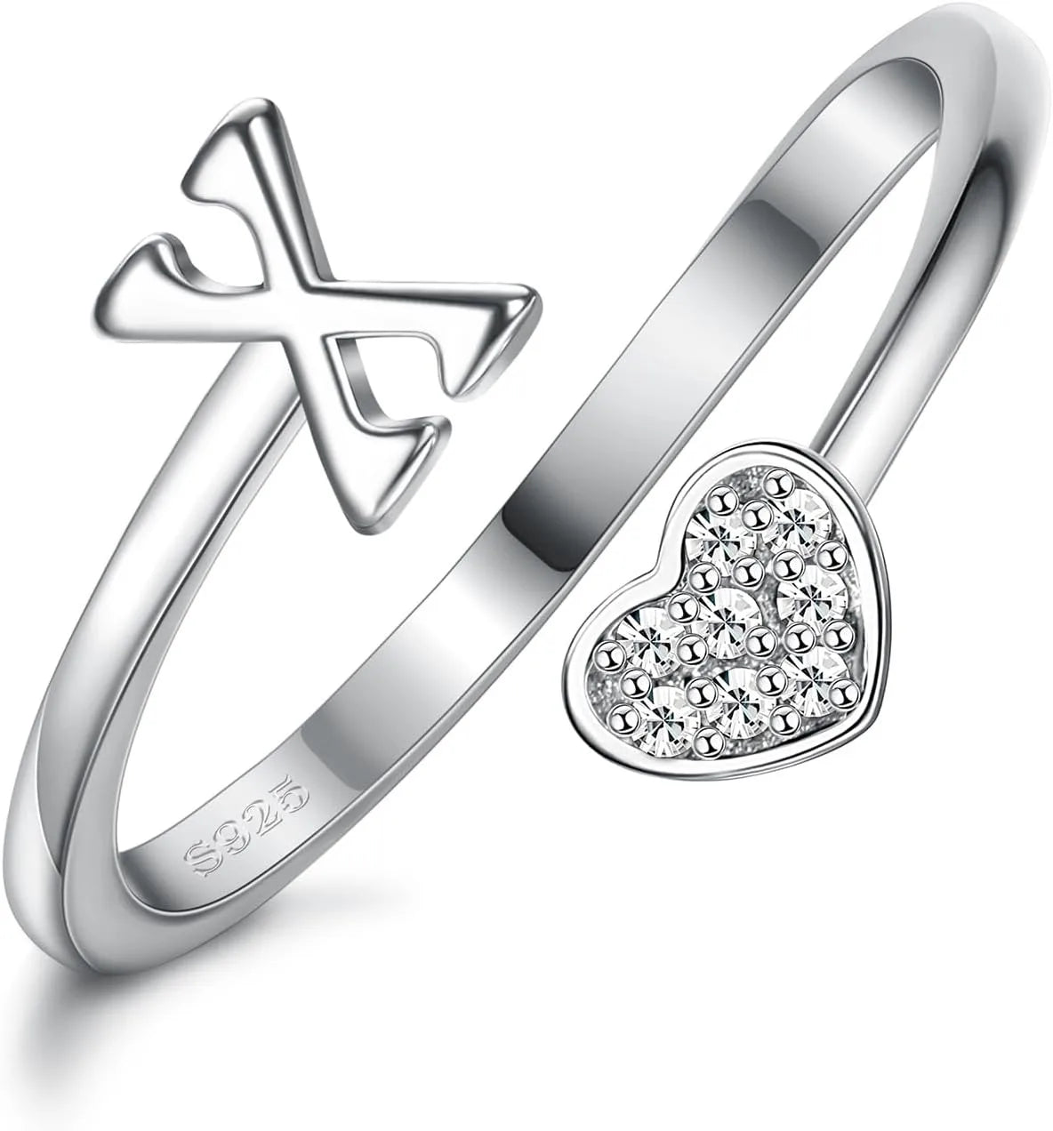 Fansilver Initial Rings 925 Sterling Silver Heart Initial Stackable Adjustable Ring Cute Heart Alphabet Rings Gift for Her