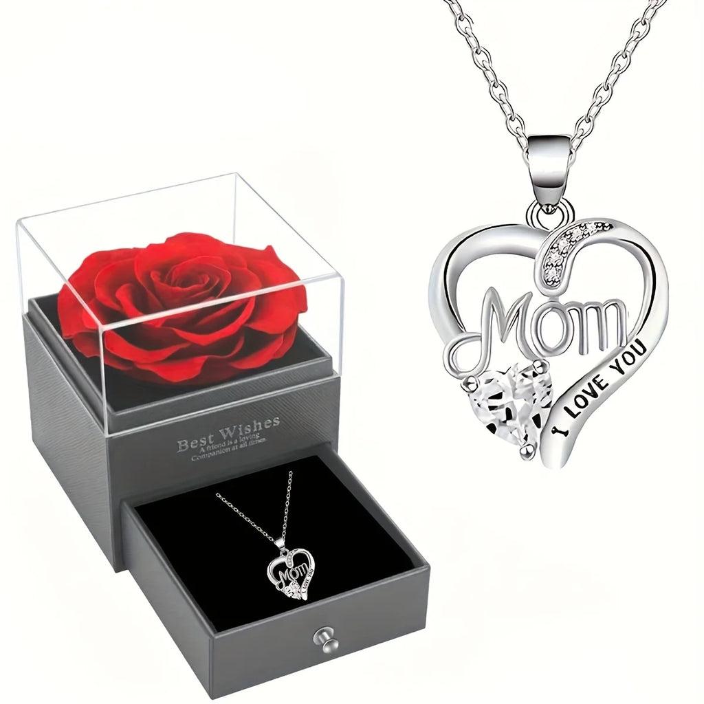Red rose high-end jewelry gift box, MOM pendant necklace, suitable for Mother's Day, Thanksgiving, Christmas, Valentine's Day