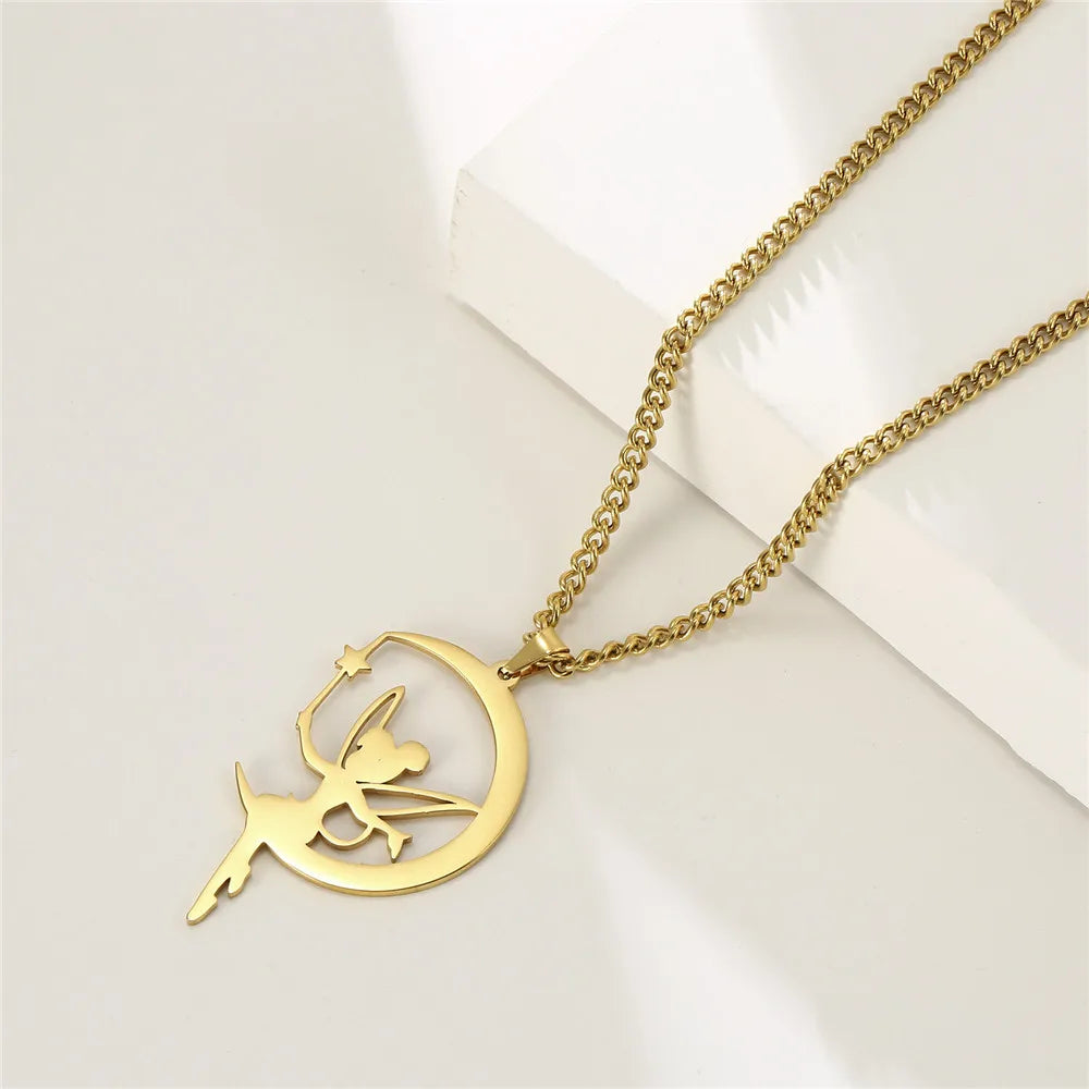 Skyrim Fairy Elf Pendant Necklace for Women Girls Angel Wings Moon Necklaces Stainless Steel Neck Chain Romantic Witch Jewelry