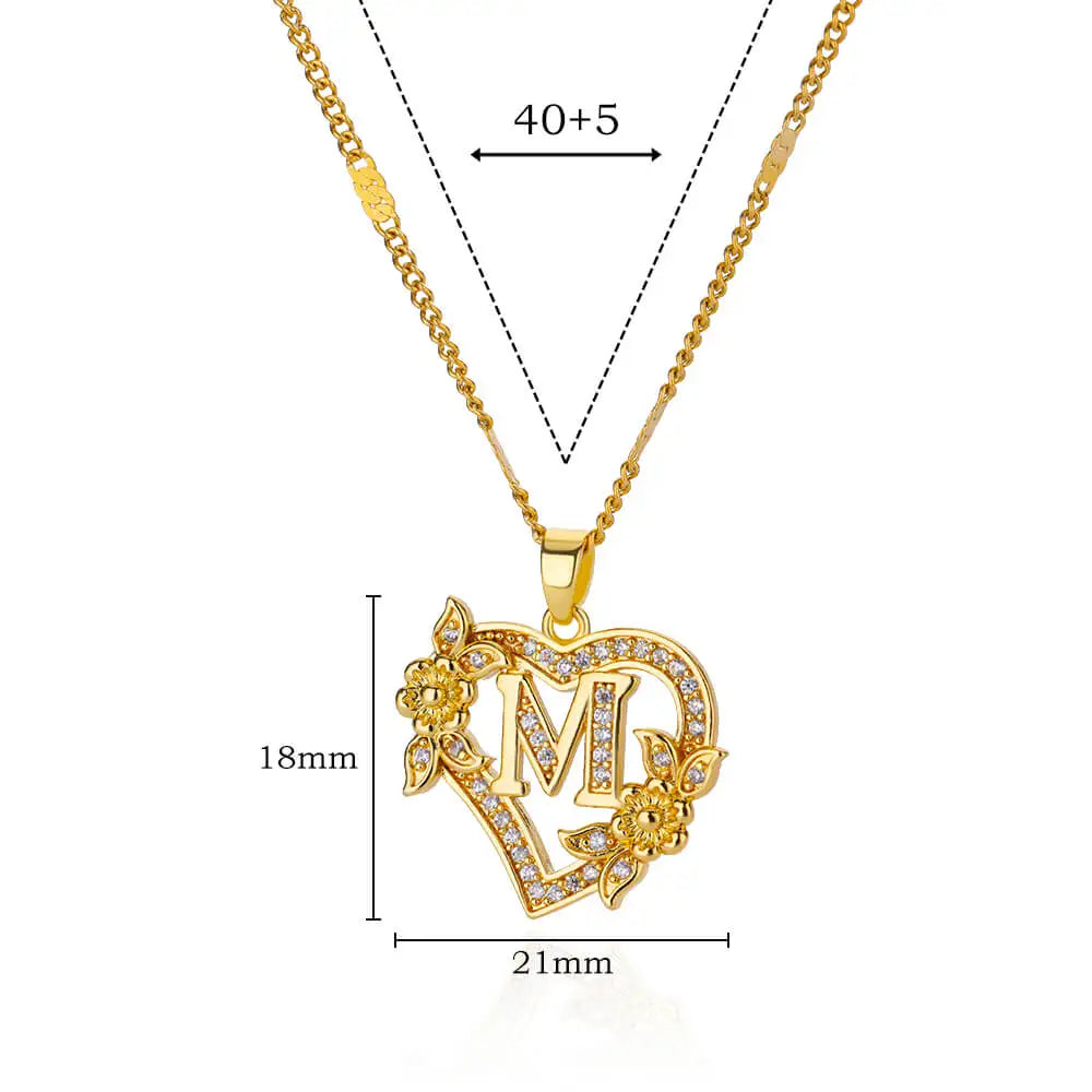 Zircon Flower Heart Initials Letter Necklaces For Women Stainless Steel Heart Gold Color Letter Necklace Chain Wedding Jewelry