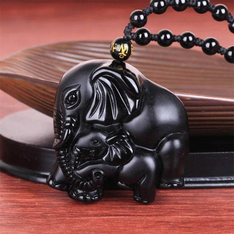 （Summer6）Black Obsidian Wealth Mother Elephant Pendant Necklace Men Women Jewelry Party Accessries Gifts