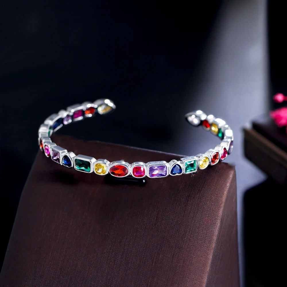 CWWZircons Genuine Multicolor Rainbow Cubic Zirconia Paved White Gold Plated Round Open Cuff Bangle Fashion Boho Jewelry BG047