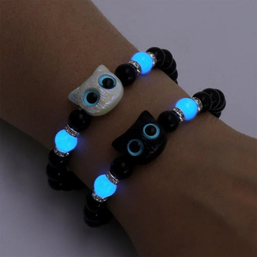 1 PC Matching Bracelets Couples Women Men Luminous Cute Cat Friendship Bracelete Black White Cat Head Bead Strand Bracelet