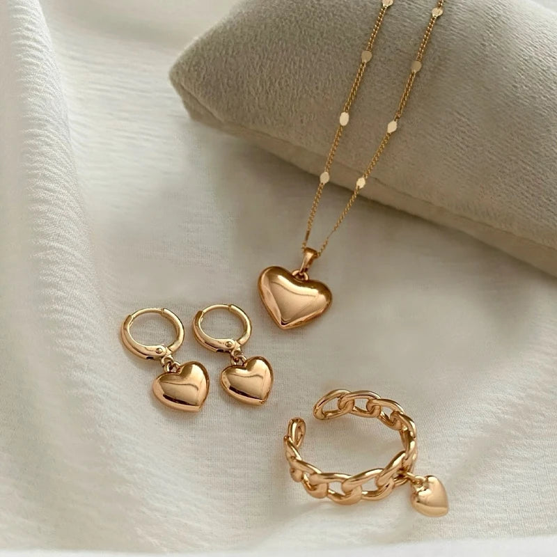 4Pcs/Set Vintage Love Heart Pendant Necklace Ring Hoop Earring for Women Simple Gold Color Smooth Jewelry Set Elegant Party Gift