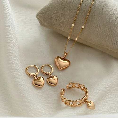 4Pcs/Set Vintage Love Heart Pendant Necklace Ring Hoop Earring for Women Simple Gold Color Smooth Jewelry Set Elegant Party Gift