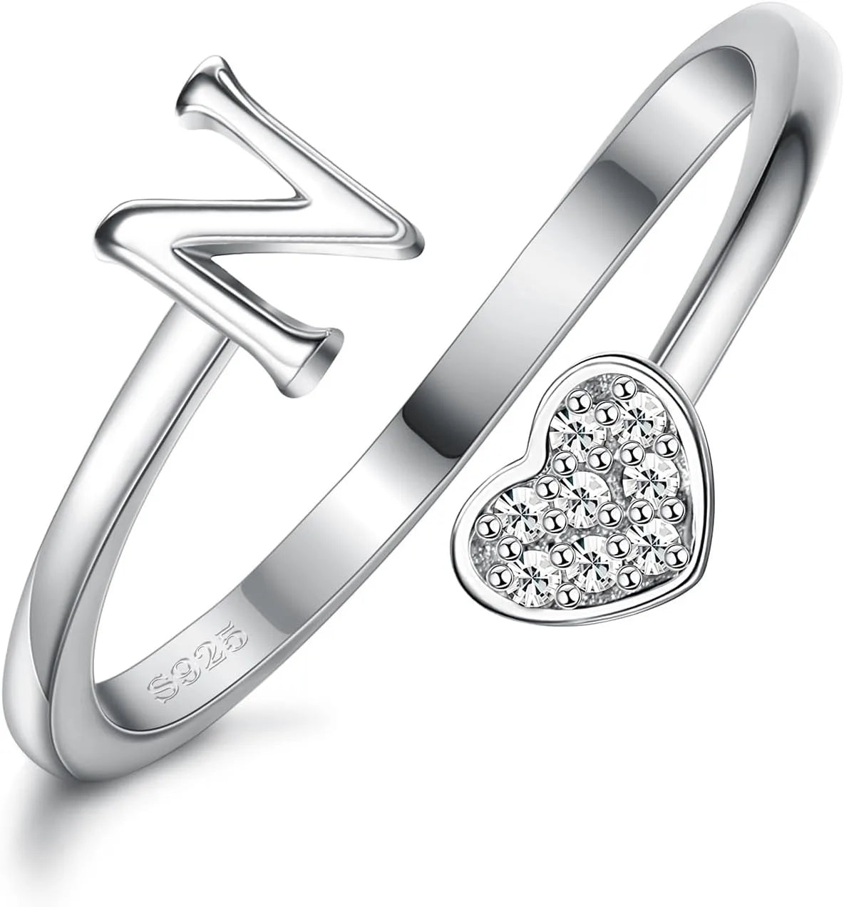 Fansilver Initial Rings 925 Sterling Silver Heart Initial Stackable Adjustable Ring Cute Heart Alphabet Rings Gift for Her