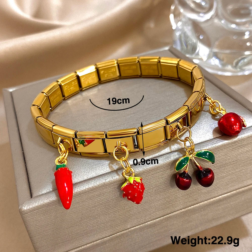 New Stainless Steel Strawberry Pepper Cherry Pendant Elastic Bangles Bracelets Fashion Women's Men Adjustable Waterproof Jewelry