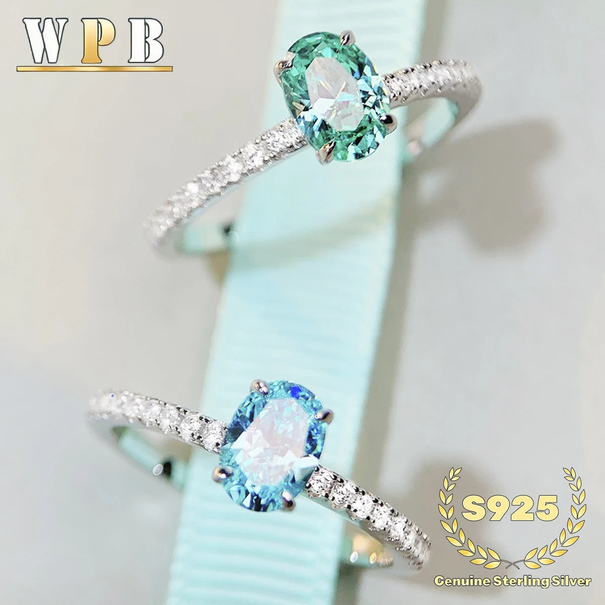 Genuine S925 Silver Ring for Women 1 Carat Oval CZ Green or Blue Center & Round Accents Engagement Wedding Anniversary Jewelry