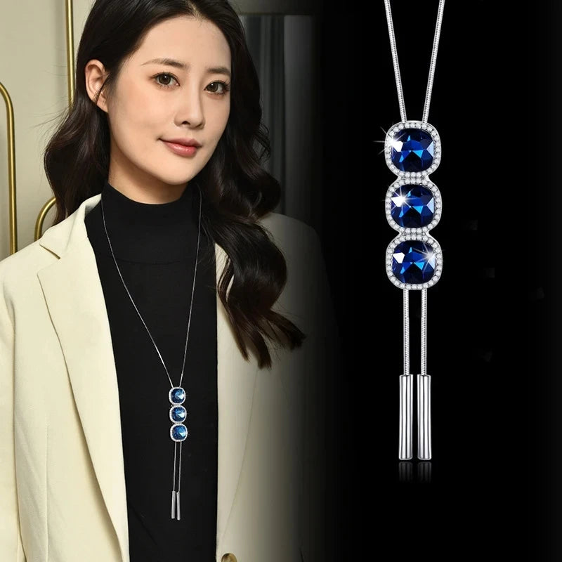 Luxury Jewelry Blue Crystal Tassel Long Necklace High-end Feeling Woman Mothers Day Gifts 2024