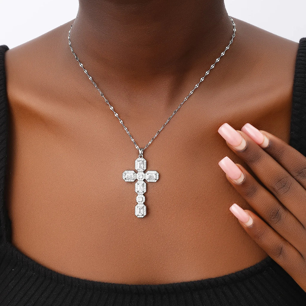 Luxury White Zircon Big Cross Pendants Clavicle Necklaces For Women Stainless Steel Chains Necklace MOM Birthday Party Jewelry