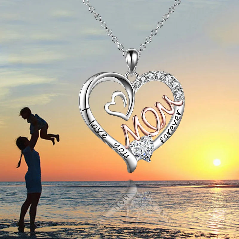 1pc I Love You Forever Mom Zircon Necklace for Women Exquisite Heart Pendant Clavicle Chain DIY Trendy Jewelry Mother's Day Gift