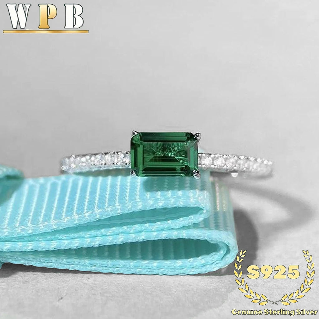 Genuine S925 Sterling Silver Elegant 0.8ct Emerald Cut Green Zircon Rings Dainty Stackable Fine Jewelry for Women Wedding Gift