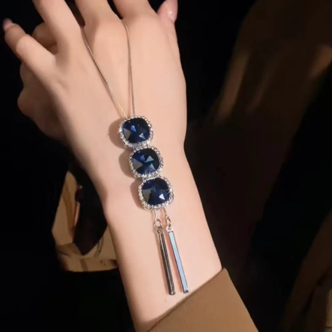 Luxury Jewelry Blue Crystal Tassel Long Necklace High-end Feeling Woman Mothers Day Gifts 2024