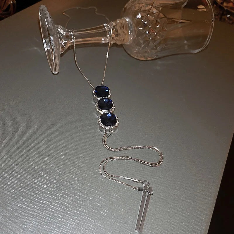Luxury Jewelry Blue Crystal Tassel Long Necklace High-end Feeling Woman Mothers Day Gifts 2024