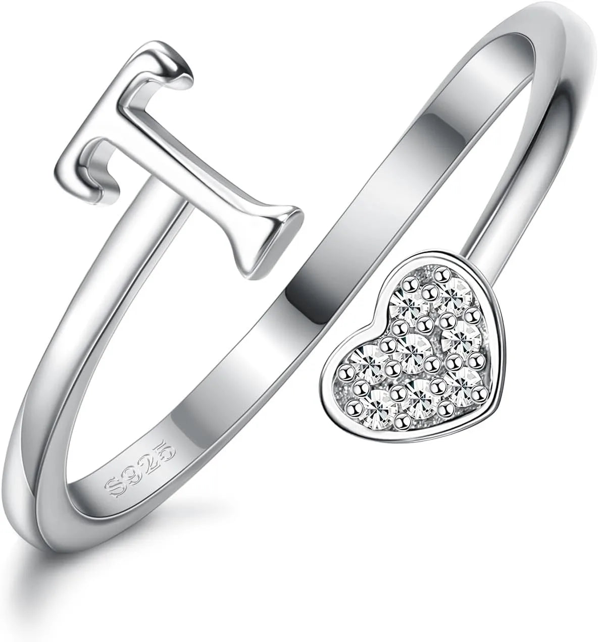 Fansilver Initial Rings 925 Sterling Silver Heart Initial Stackable Adjustable Ring Cute Heart Alphabet Rings Gift for Her