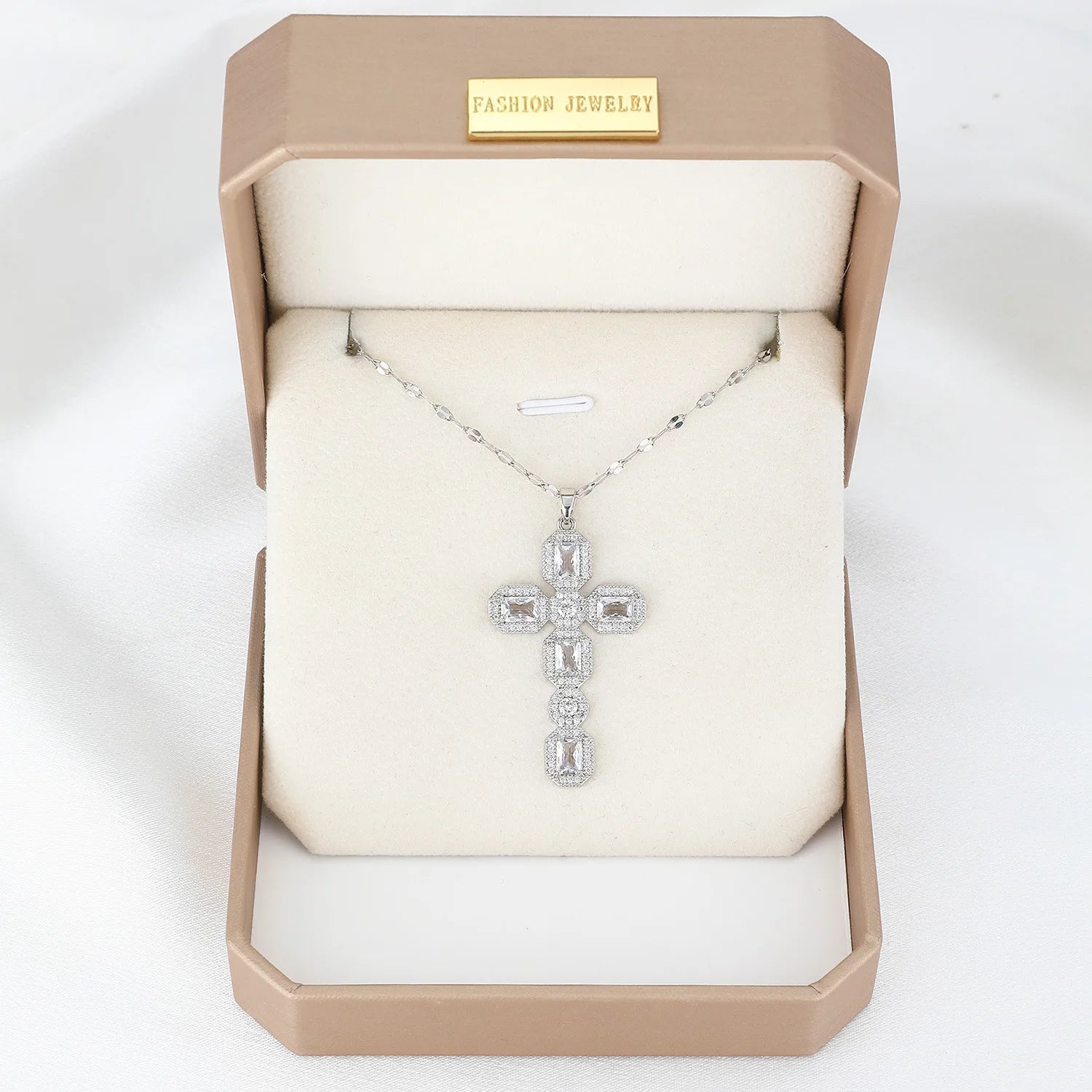 Luxury White Zircon Big Cross Pendants Clavicle Necklaces For Women Stainless Steel Chains Necklace MOM Birthday Party Jewelry