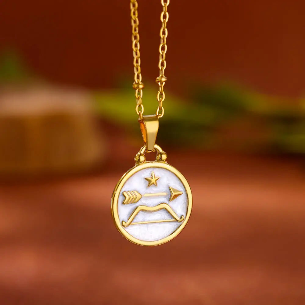 Vintage Drip Oil 12 Constellation Necklace For Women Gold Color Zodiac Sign Coin Pendant Necklace Stainless Steel Chain Jewelry