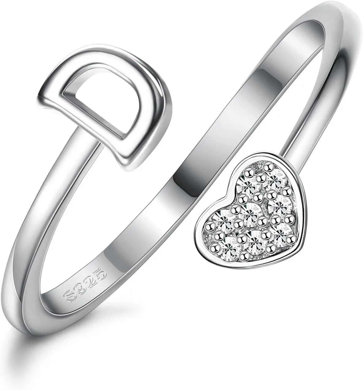 Fansilver Initial Rings 925 Sterling Silver Heart Initial Stackable Adjustable Ring Cute Heart Alphabet Rings Gift for Her