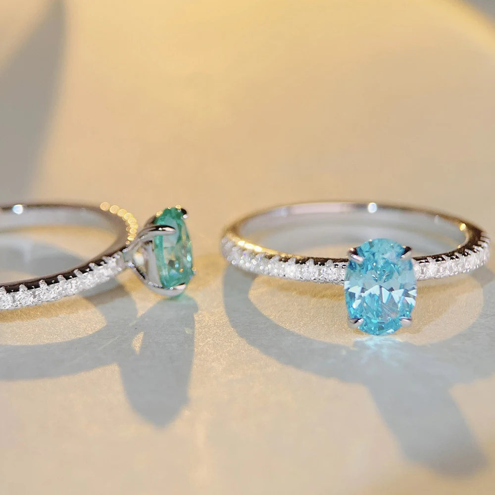 Genuine S925 Silver Ring for Women 1 Carat Oval CZ Green or Blue Center & Round Accents Engagement Wedding Anniversary Jewelry