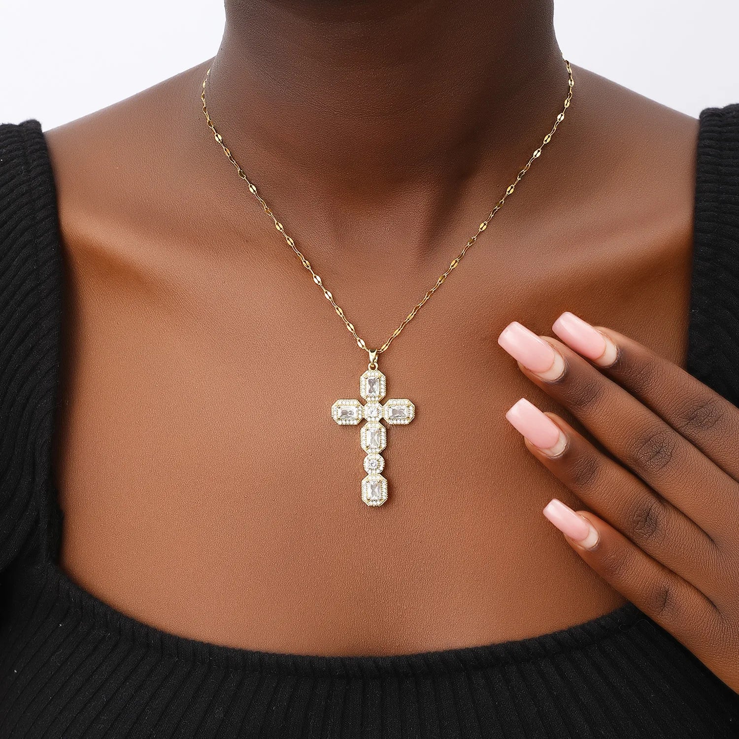Luxury White Zircon Big Cross Pendants Clavicle Necklaces For Women Stainless Steel Chains Necklace MOM Birthday Party Jewelry