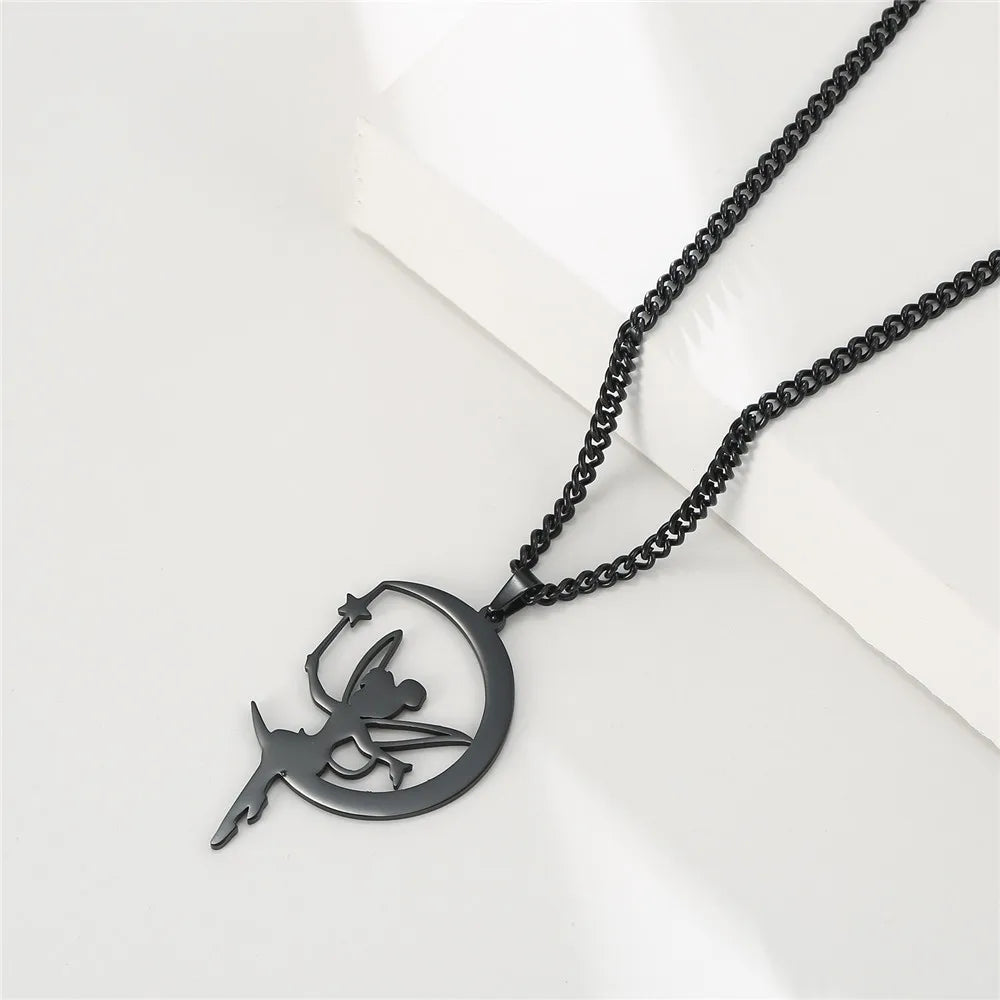 Skyrim Fairy Elf Pendant Necklace for Women Girls Angel Wings Moon Necklaces Stainless Steel Neck Chain Romantic Witch Jewelry