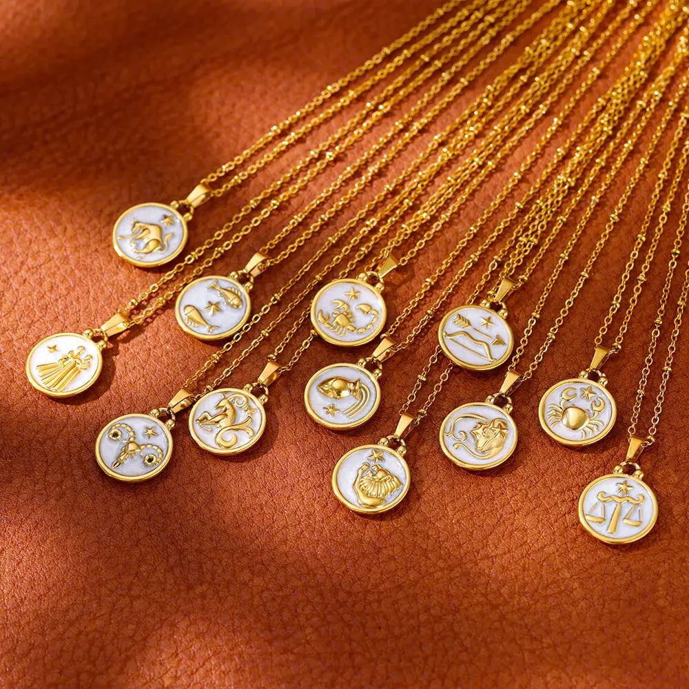 Vintage Drip Oil 12 Constellation Necklace For Women Gold Color Zodiac Sign Coin Pendant Necklace Stainless Steel Chain Jewelry