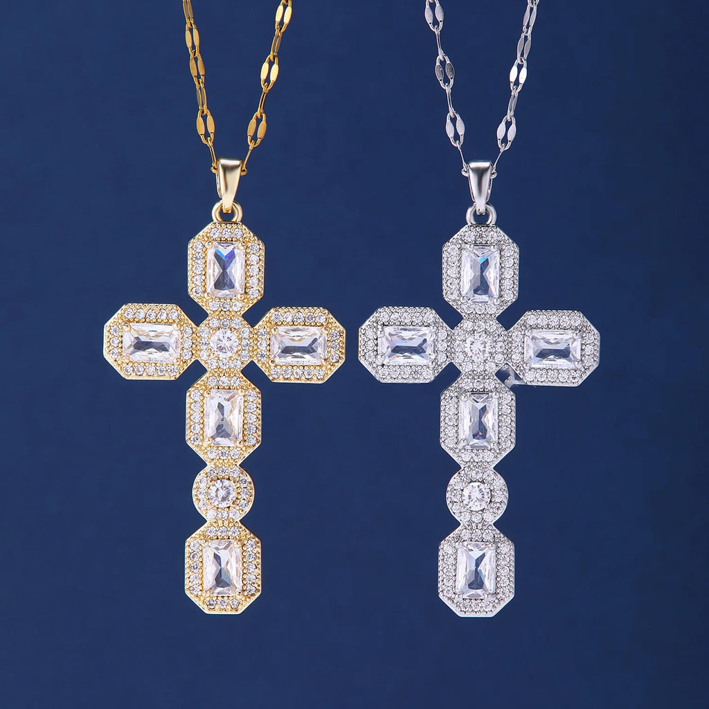 Luxury White Zircon Big Cross Pendants Clavicle Necklaces For Women Stainless Steel Chains Necklace MOM Birthday Party Jewelry