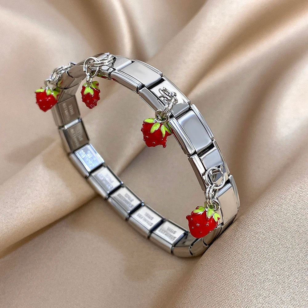 New Stainless Steel Strawberry Pepper Cherry Pendant Elastic Bangles Bracelets Fashion Women's Men Adjustable Waterproof Jewelry