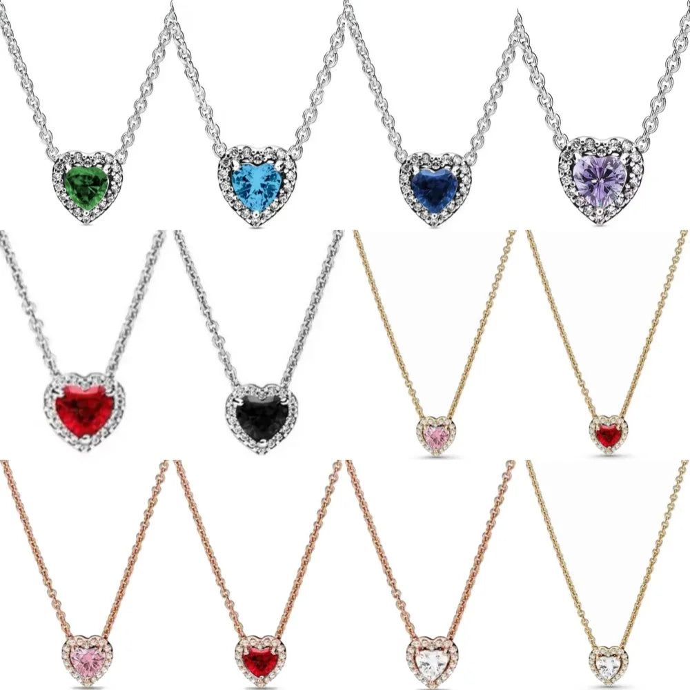 High Quality 925 Silver, Red, Green, Purple Heart-Shaped Necklace, Suitable For European Women's Exquisite Jewelry Gifts