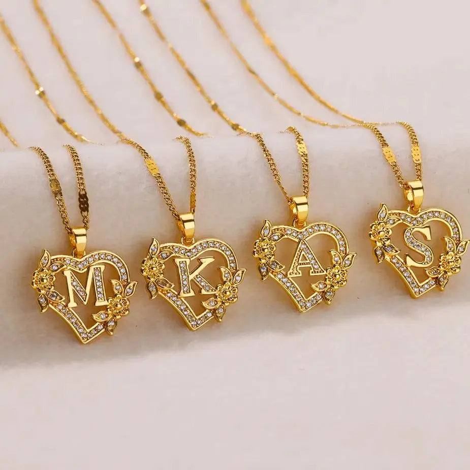 Zircon Flower Heart Initials Letter Necklaces For Women Stainless Steel Heart Gold Color Letter Necklace Chain Wedding Jewelry
