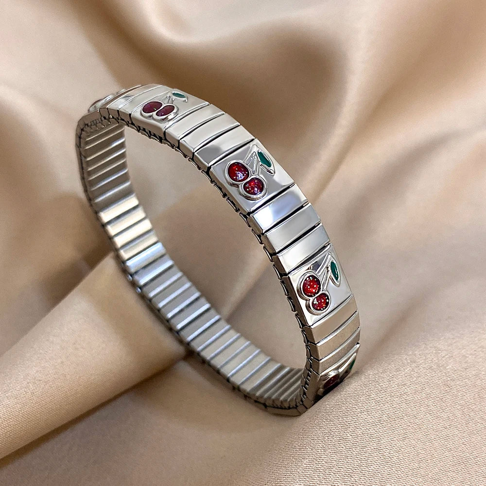 New Stainless Steel Strawberry Pepper Cherry Pendant Elastic Bangles Bracelets Fashion Women's Men Adjustable Waterproof Jewelry
