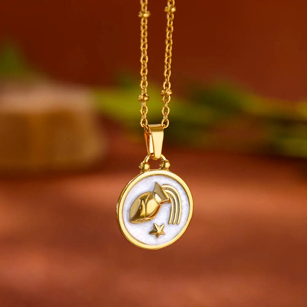 Vintage Drip Oil 12 Constellation Necklace For Women Gold Color Zodiac Sign Coin Pendant Necklace Stainless Steel Chain Jewelry