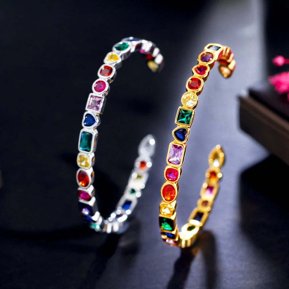 CWWZircons Genuine Multicolor Rainbow Cubic Zirconia Paved White Gold Plated Round Open Cuff Bangle Fashion Boho Jewelry BG047
