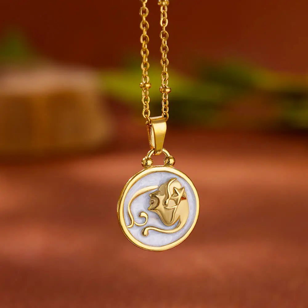 Vintage Drip Oil 12 Constellation Necklace For Women Gold Color Zodiac Sign Coin Pendant Necklace Stainless Steel Chain Jewelry