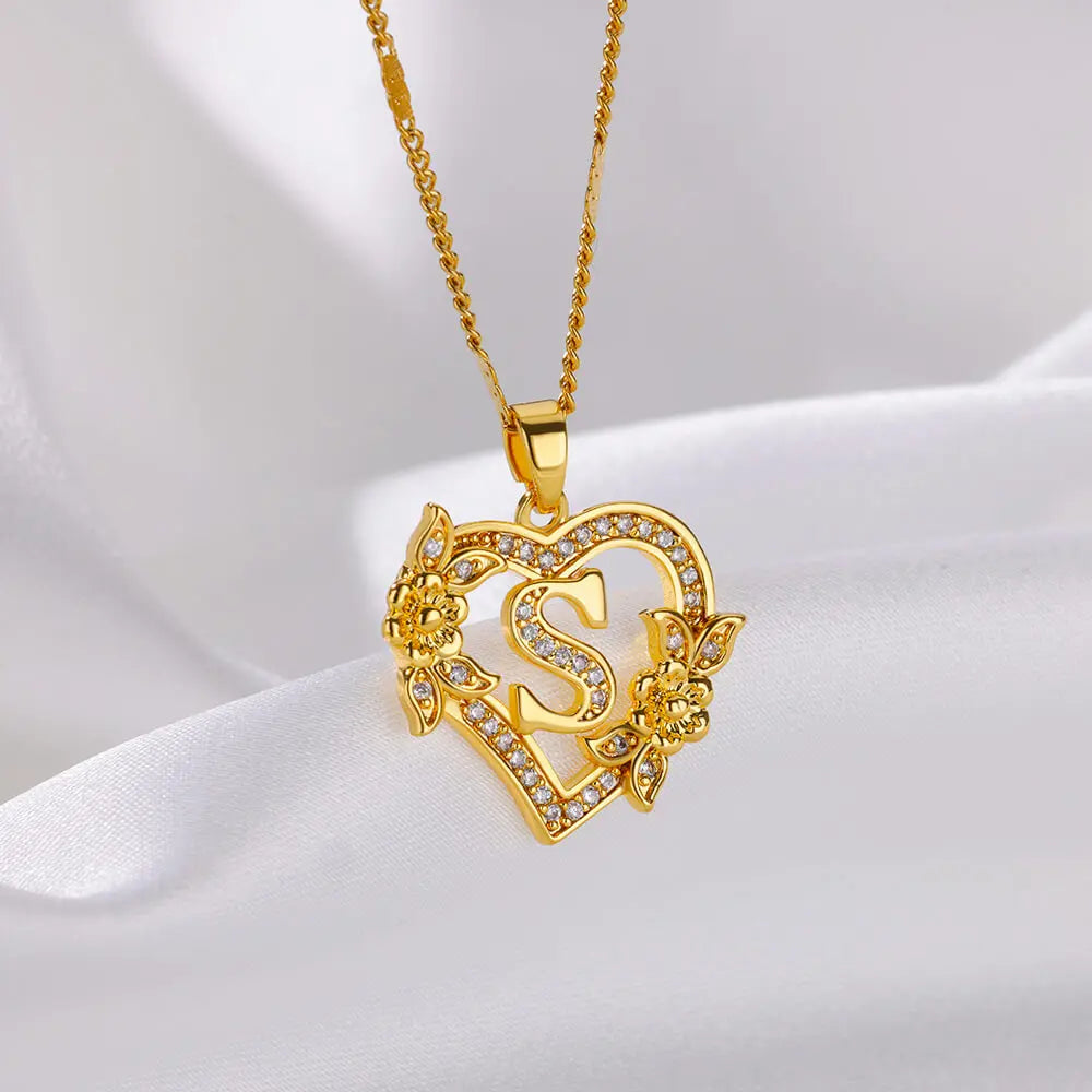 Flower Zircon Initial Heart Pendant Necklaces For Women 2024 Trend Stainless Steel Letter Necklaces Jewelry Best Friend Gifts