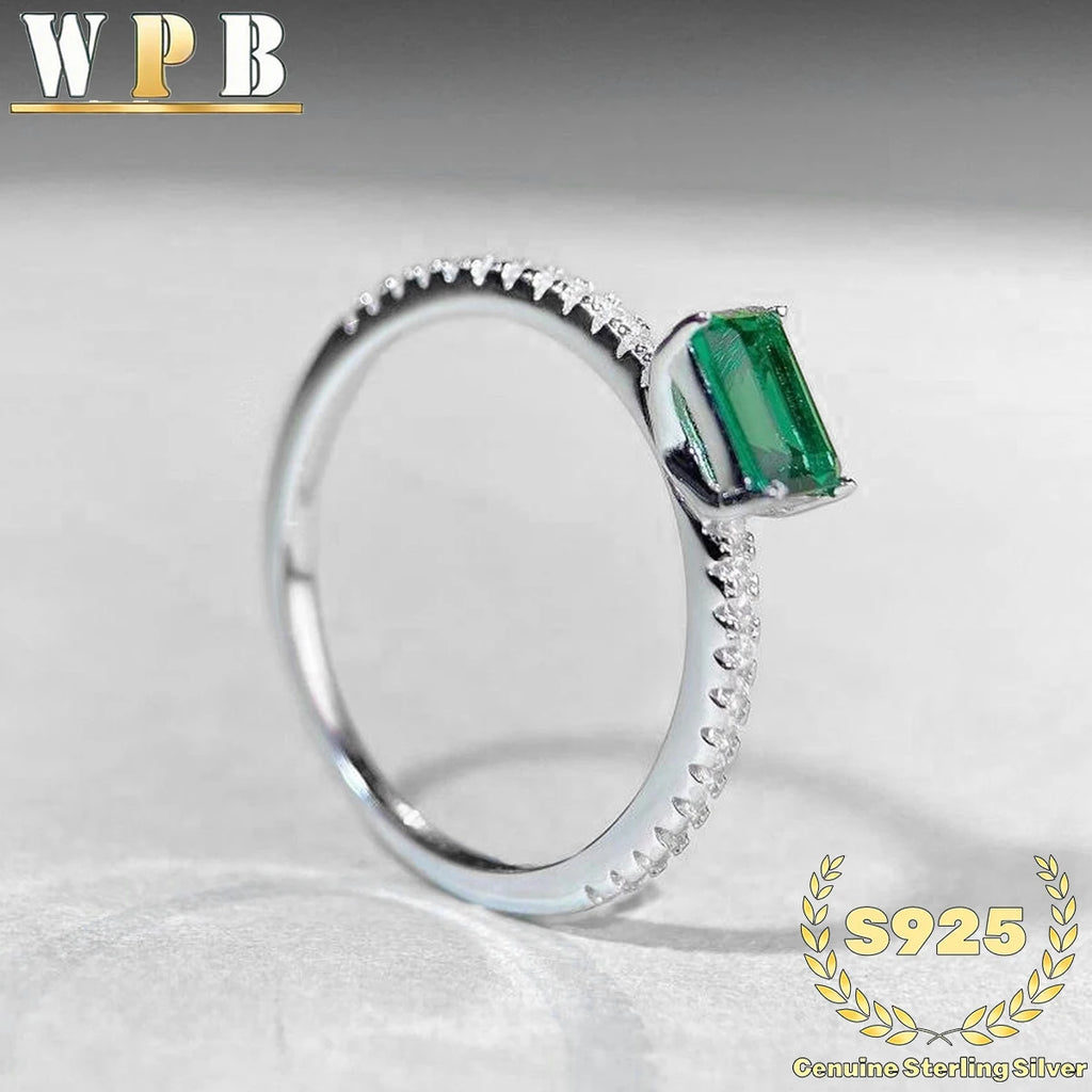 Genuine S925 Sterling Silver Elegant 0.8ct Emerald Cut Green Zircon Rings Dainty Stackable Fine Jewelry for Women Wedding Gift